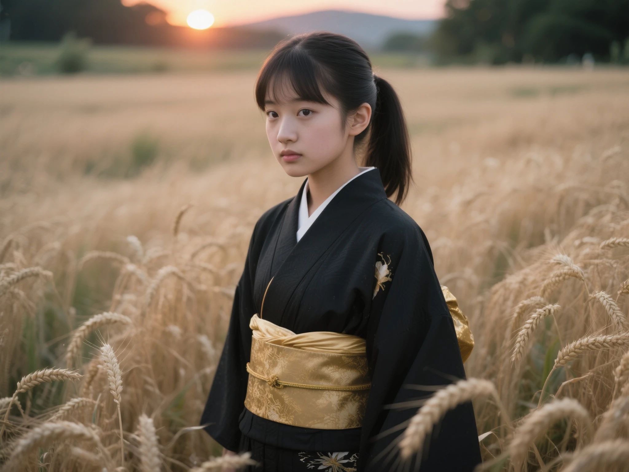 A girl dressed in a kimono、An expressionless girl standing waist-deep in a wheat field, in a black kimono with a gold rim, Her hair is in a ponytail, The eyes, The sunset is reflected in her eyes, The light shines on her face, half of her body facing the camera