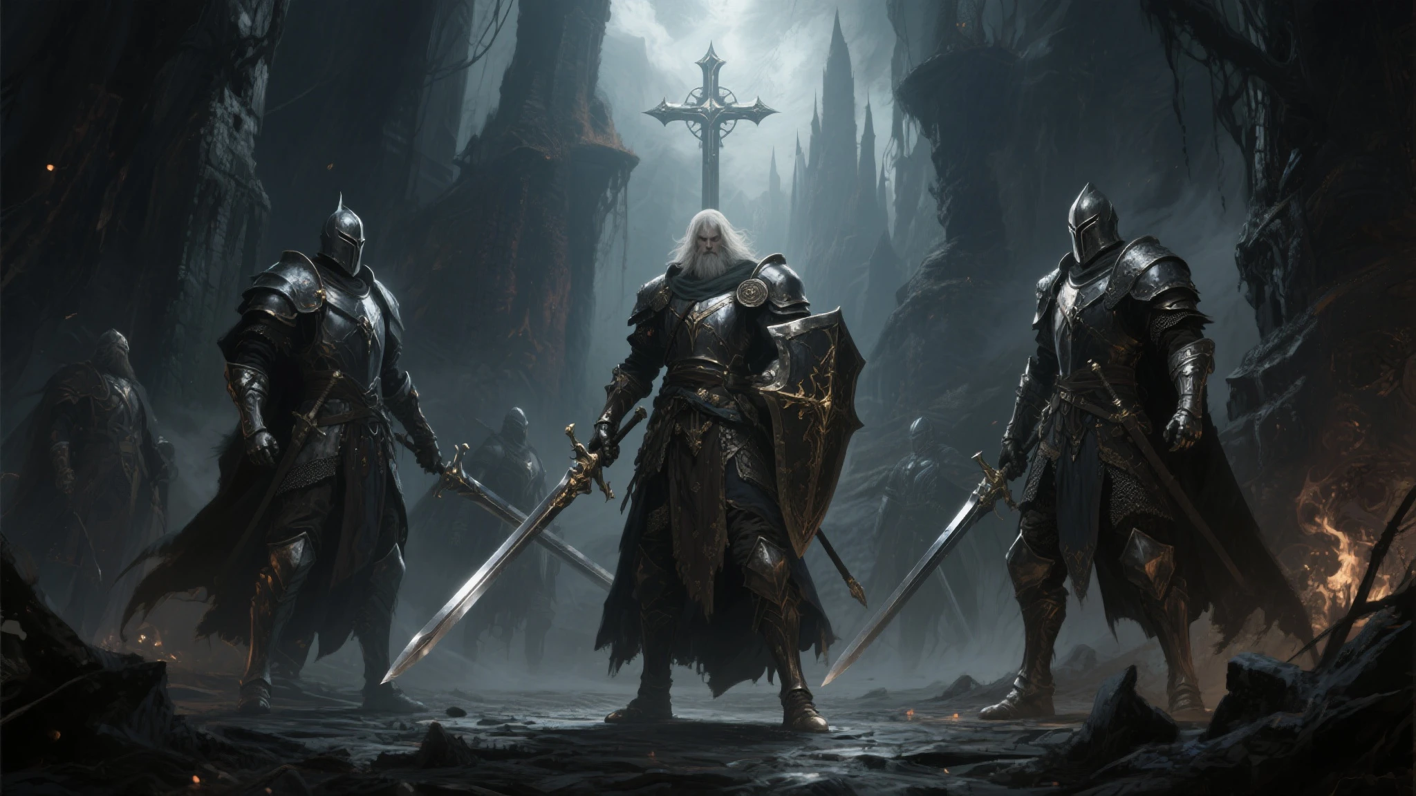 (8k unit wallpaper CG Extremely Detailed, masterpiece, best quality, Ultra fine), (((alone))), ((wide wide shot:1.5)), (Holy Warriors with legendary swords), (Theme), medieval, Spectacular scenes, Dark and sinister environments, (dark souls iii, illustration software , (best illustration)