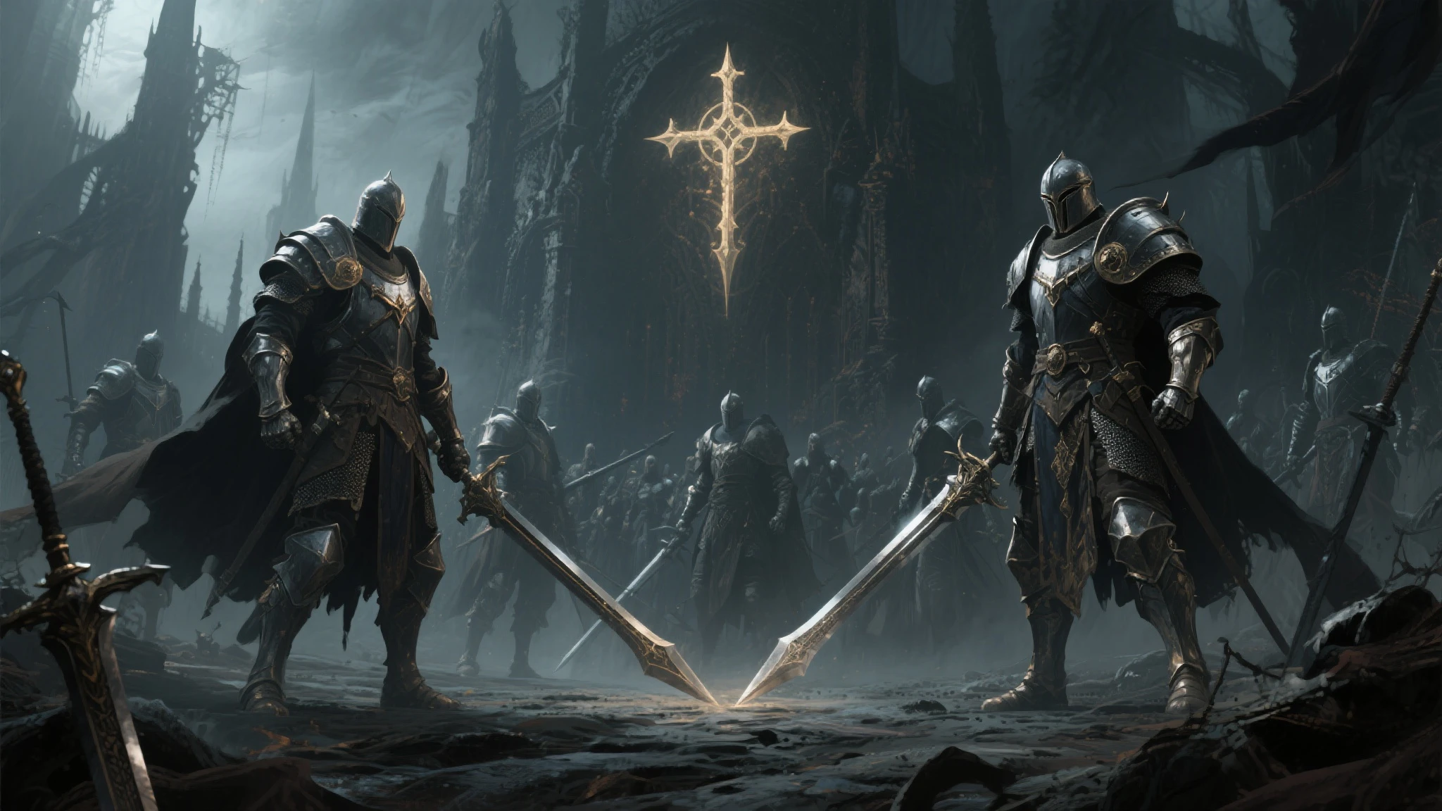 (8k unit wallpaper CG Extremely Detailed, masterpiece, best quality, Ultra fine), (((alone))), ((wide wide shot:1.5)), (Holy Warriors with legendary swords), (Theme), medieval, Spectacular scenes, Dark and sinister environments, (dark souls iii,  illustration software , (best illustration)