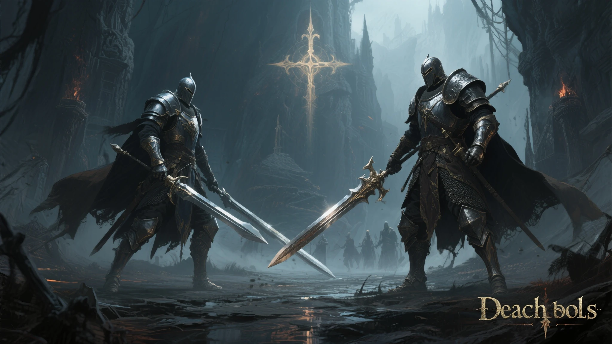 (8k unit wallpaper CG Extremely Detailed, masterpiece, best quality, Ultra fine), (((alone))), ((wide wide shot:1.5)), (Holy Warriors with legendary swords), (Theme), medieval, Spectacular scenes, Dark and sinister environments, (dark souls iii,  illustration software , (best illustration)