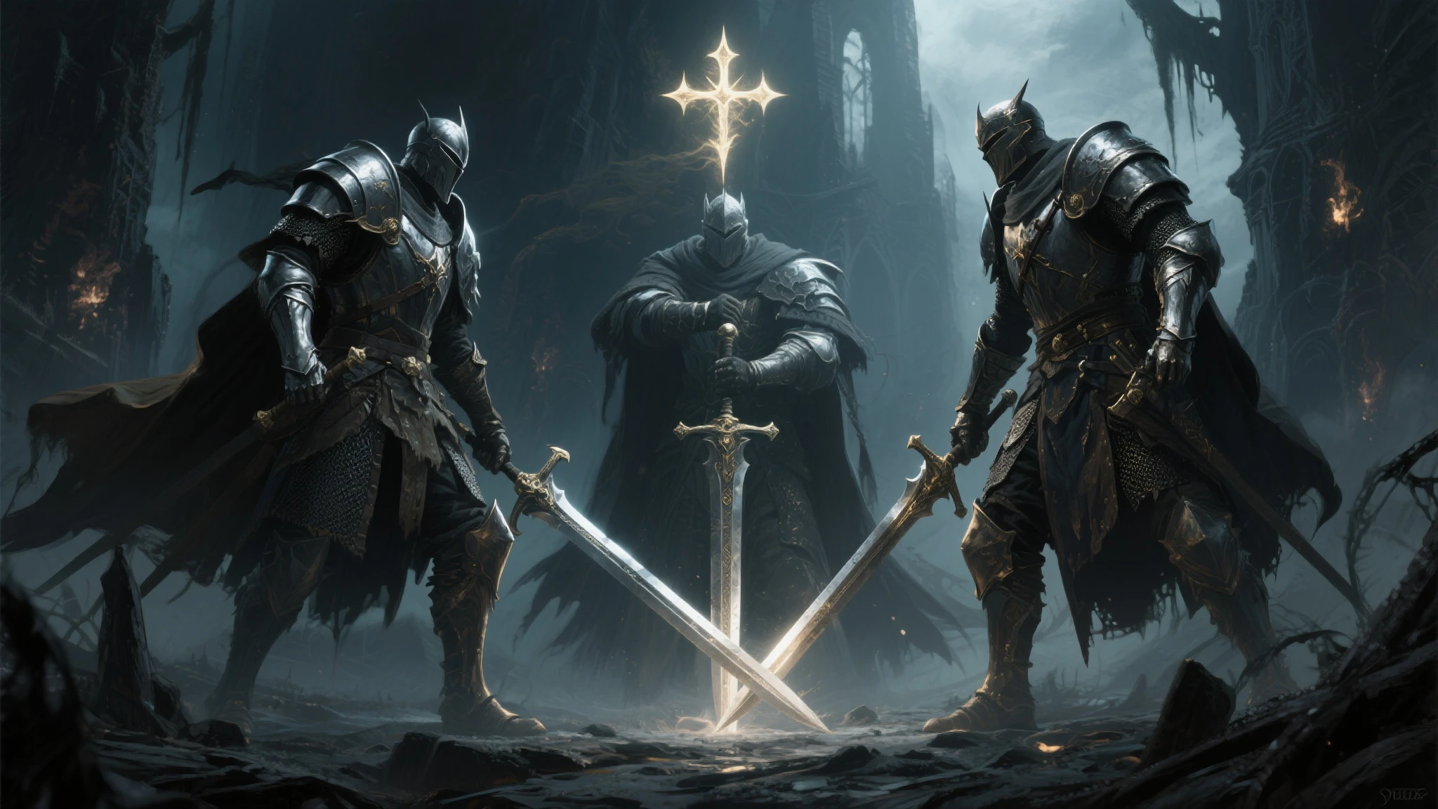 (8k unit wallpaper CG Extremely Detailed, masterpiece, best quality, Ultra fine), (((alone))), ((wide wide shot:1.5)), (Holy Warriors with legendary swords), (Theme), medieval, Spectacular scenes, Dark and sinister environments, (dark souls iii, illustration software , (best illustration)
