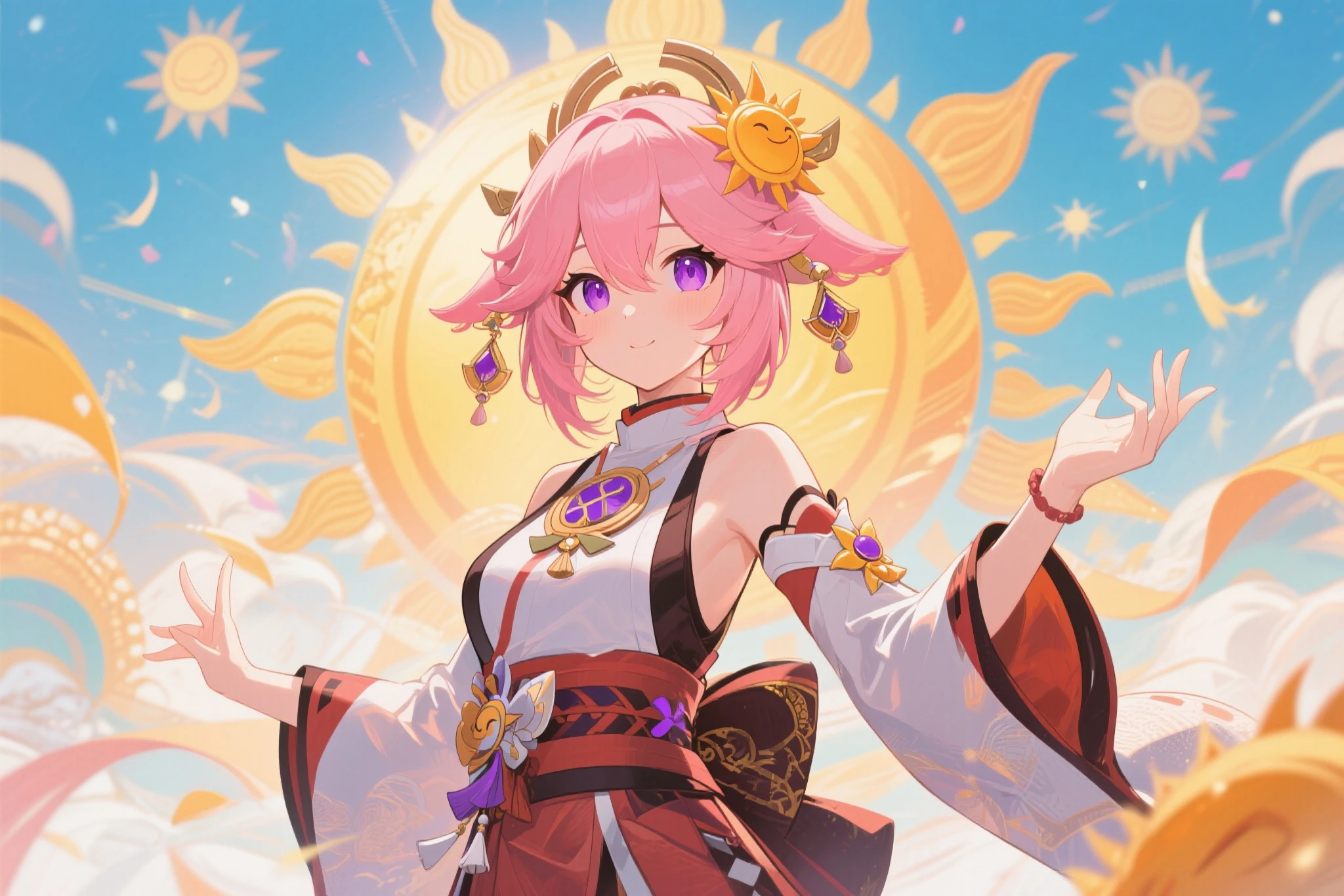 Yae Miko Yae Miko Time Royal Sun, Background with, pink hair, Purple eye