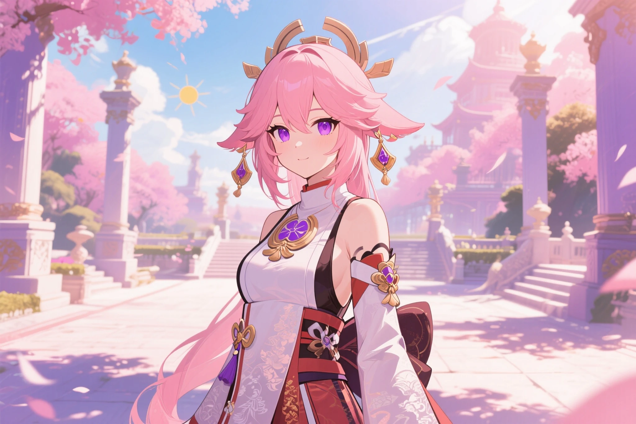 Yae Miko Yae Miko Time Royal Sun, Background with, pink hair, Purple eye