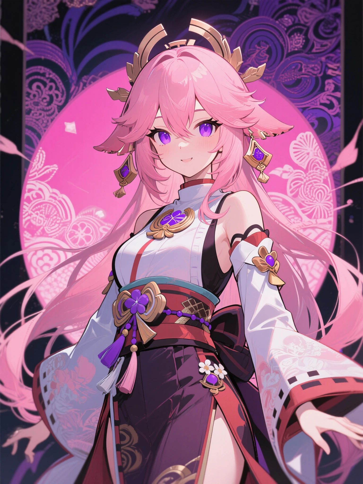 yae miko , Background with, pink hair, Purple eye