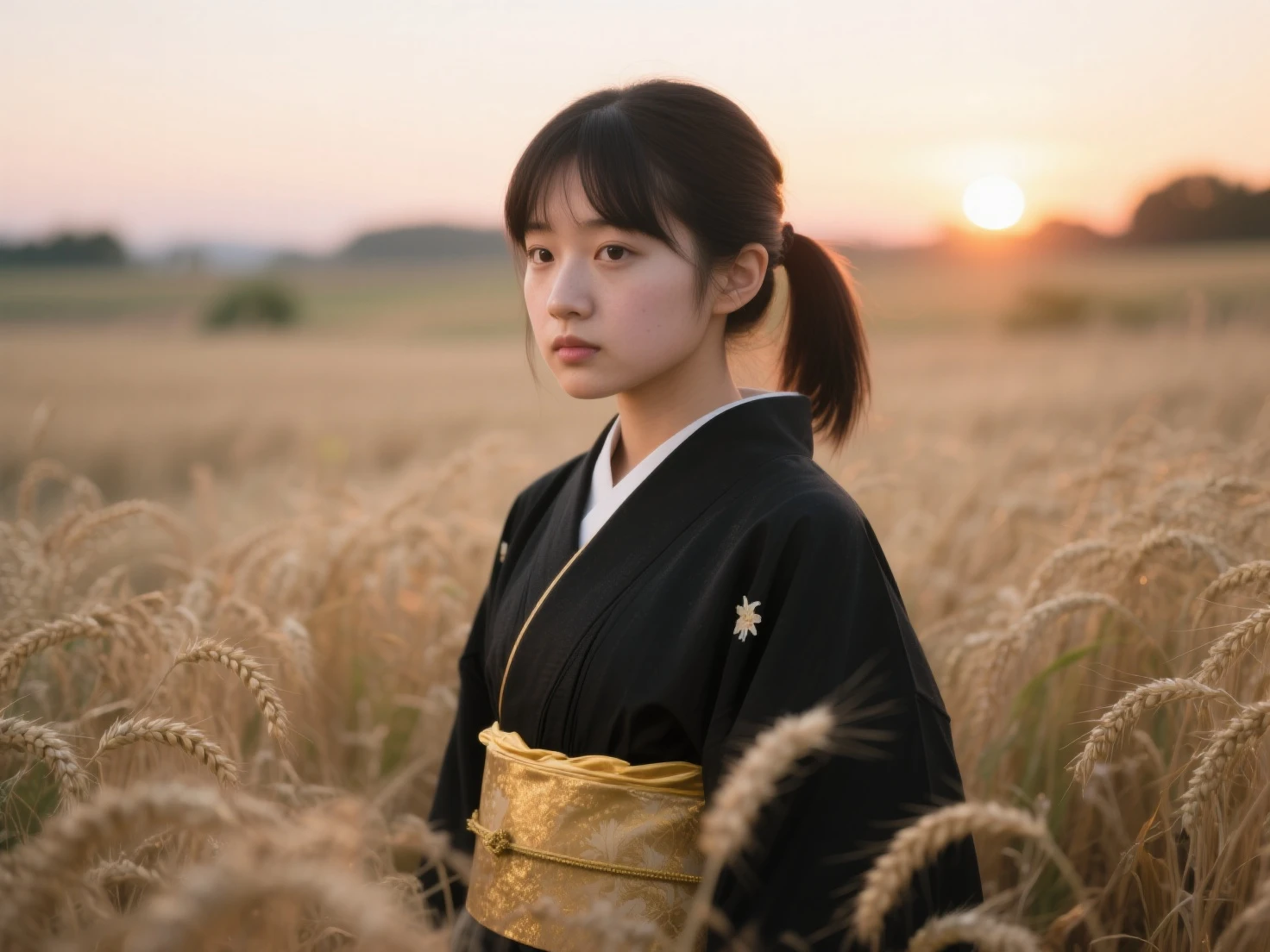 A girl dressed in a kimono、An expressionless girl standing waist-deep in a wheat field, in a black kimono with a gold rim, Her hair is in a ponytail, The eyes, The sunset is reflected in her eyes, The light shines on her face, half of her body facing the camera