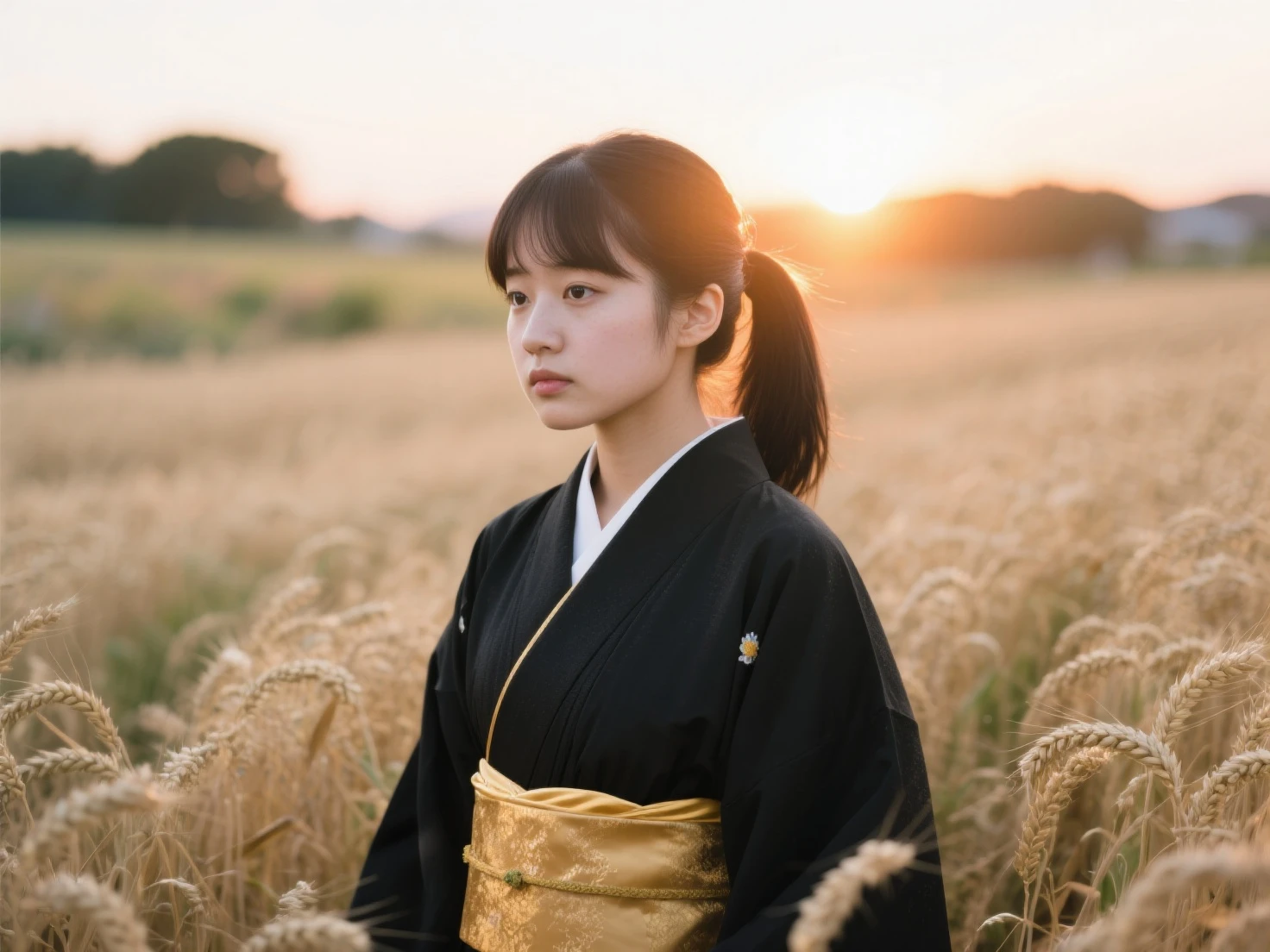 A girl dressed in a kimono、An expressionless girl standing waist-deep in a wheat field, in a black kimono with a gold rim, Her hair is in a ponytail, The eyes, The sunset is reflected in her eyes, The light shines on her face, half of her body facing the camera