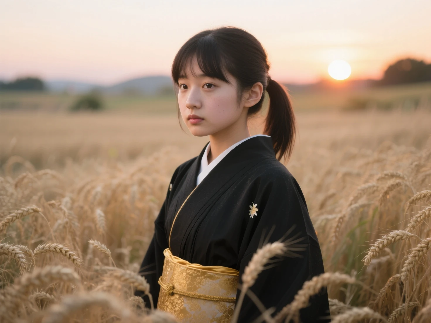A girl dressed in a kimono、An expressionless girl standing waist-deep in a wheat field, in a black kimono with a gold rim, Her hair is in a ponytail, The eyes, The sunset is reflected in her eyes, The light shines on her face, half of her body facing the camera