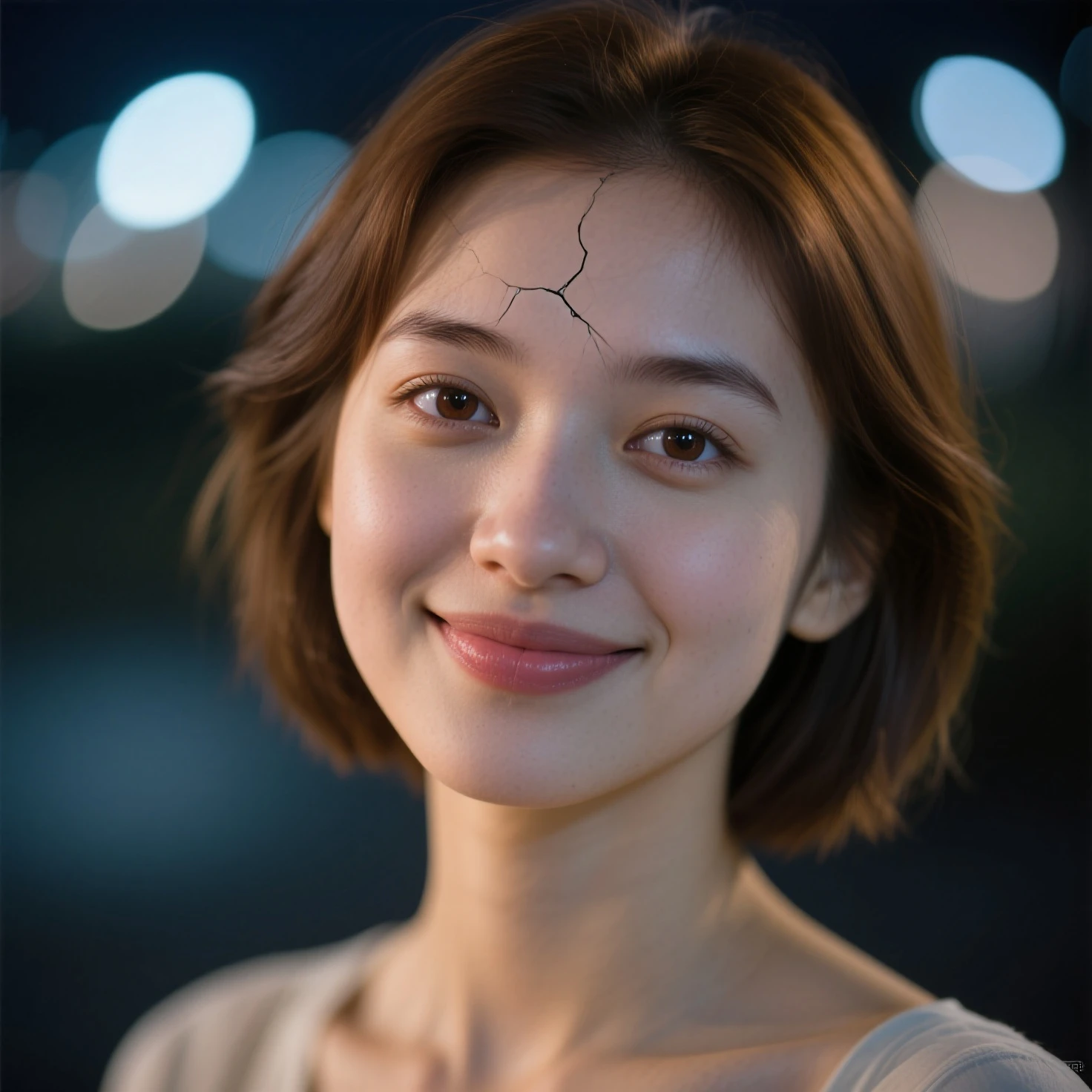 Night,  RAW photography , (((very beautiful portrait))), (very beautiful portrait))), 1 girl ,  25 year old girl, ((natural brown short hair)), [ brown eyes],gentle smile staring into the camera(Crack ), ((masterpiece, best quality, Ultra detailed,  lighting, Intricate Details, HD, 8 thousand, Very Detailed)), Background of details, 8 thousand UHD, DSLR, soft lighting, high quality, film particles, Fuji XT3 , shallowdepthoffield, natural soft light,  Perfect Face