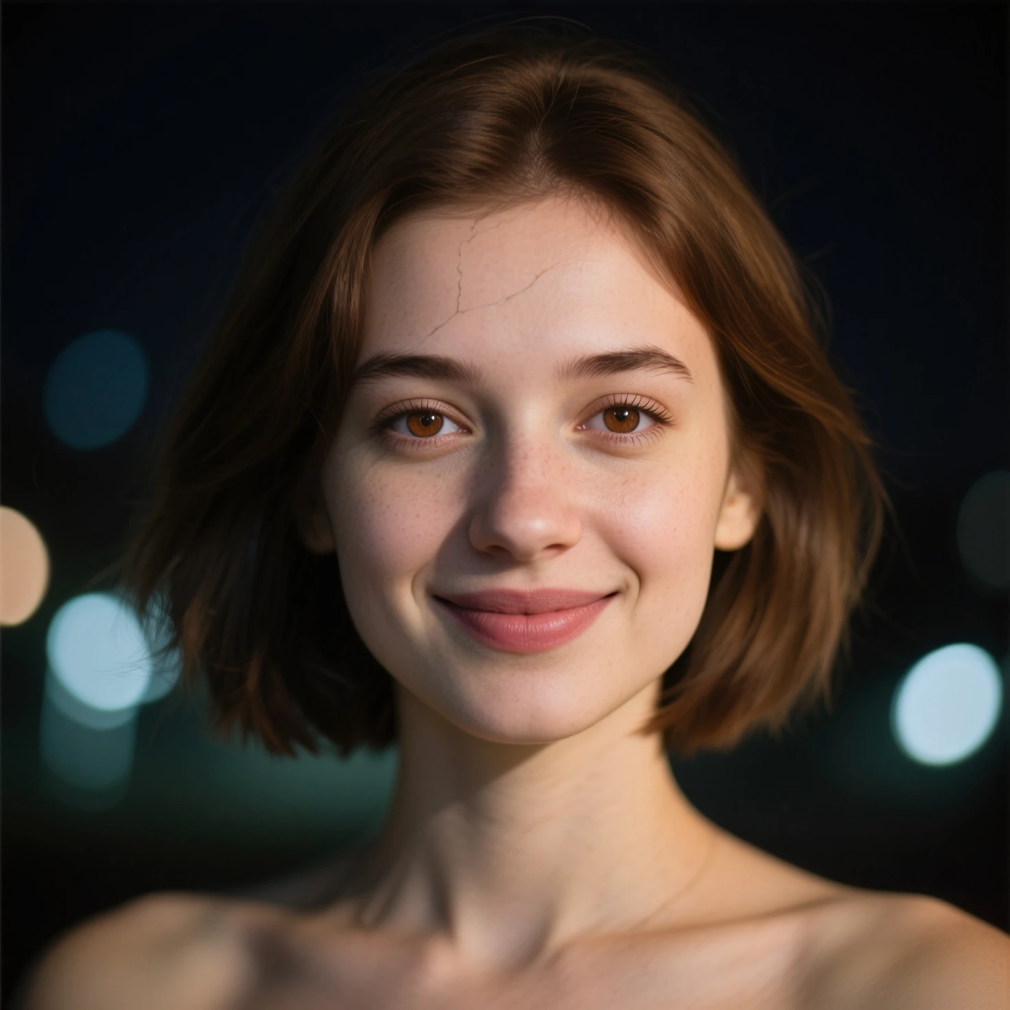 Night,  RAW photography , (((very beautiful portrait))), (very beautiful portrait))), 1 girl ,  25 year old girl, ((natural brown short hair)), [ brown eyes],gentle smile staring into the camera(Crack ), ((masterpiece, best quality, Ultra detailed,  lighting, Intricate Details, HD, 8 thousand, Very Detailed)), Background of details, 8 thousand UHD, DSLR, soft lighting, high quality, film particles, Fuji XT3 , shallowdepthoffield, natural soft light,  Perfect Face