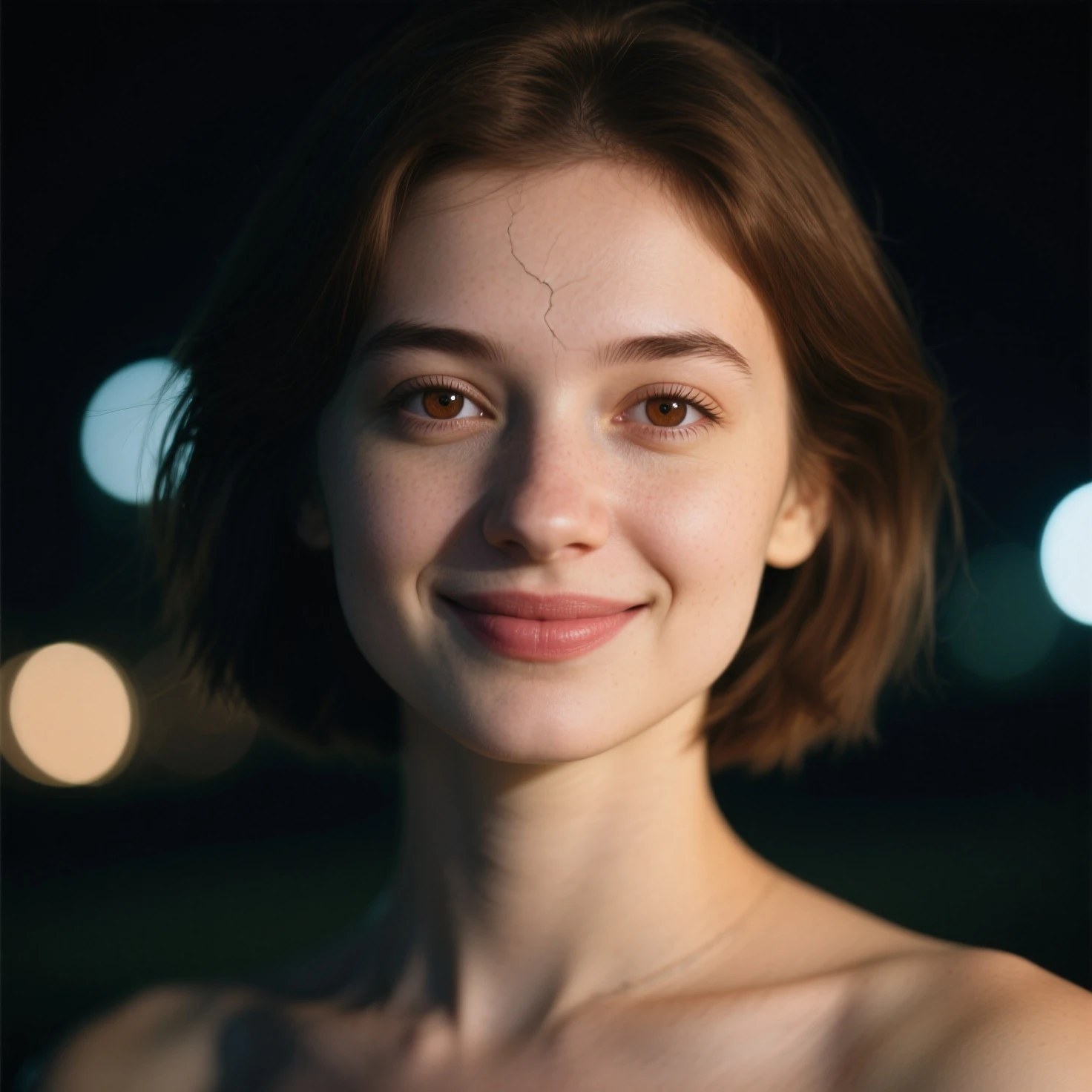 Night,  RAW photography , (((very beautiful portrait))), (very beautiful portrait))), 1 girl ,  25 year old girl, ((natural brown short hair)), [ brown eyes],gentle smile staring into the camera(Crack ), ((masterpiece, best quality, Ultra detailed,  lighting, Intricate Details, HD, 8 thousand, Very Detailed)), Background of details, 8 thousand UHD, DSLR, soft lighting, high quality, film particles, Fuji XT3 , shallowdepthoffield, natural soft light,  Perfect Face