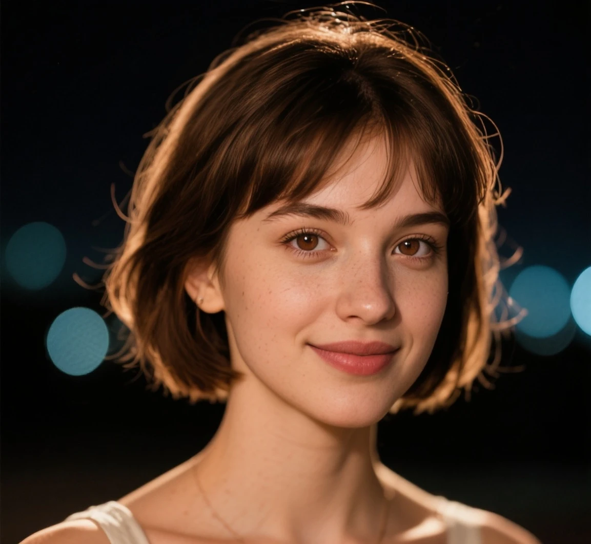 Night,  RAW photography , (((very beautiful portrait))), (very beautiful portrait))), 1 girl ,  25 year old girl, ((natural brown short hair)), [ brown eyes],gentle smile staring into the camera(Crack ), ((masterpiece, best quality, Ultra detailed,  lighting, Intricate Details, HD, 8 thousand, Very Detailed)), Background of details, 8 thousand UHD, DSLR, soft lighting, high quality, film particles, Fuji XT3 , shallowdepthoffield, natural soft light,  Perfect Face