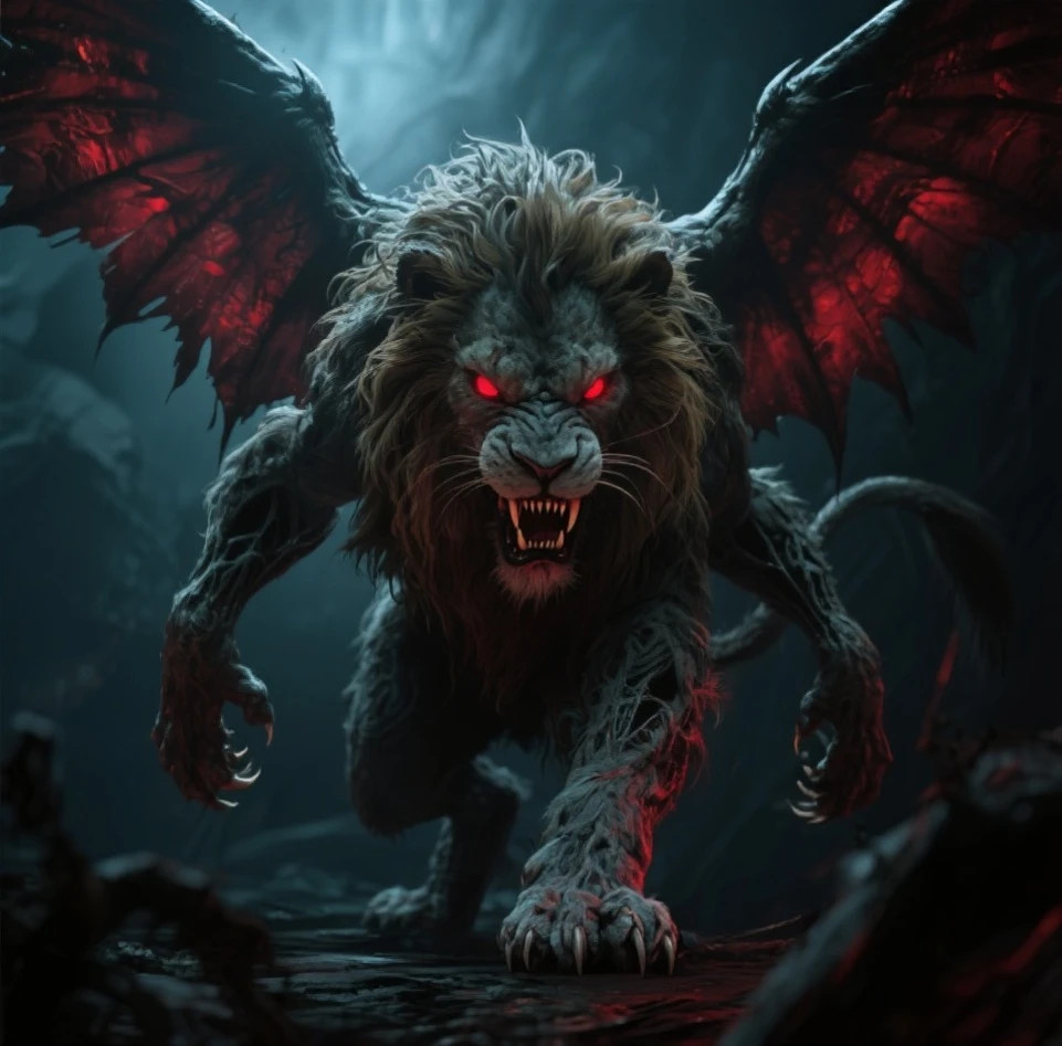 A lion, hair, red eyes, wings, very scary