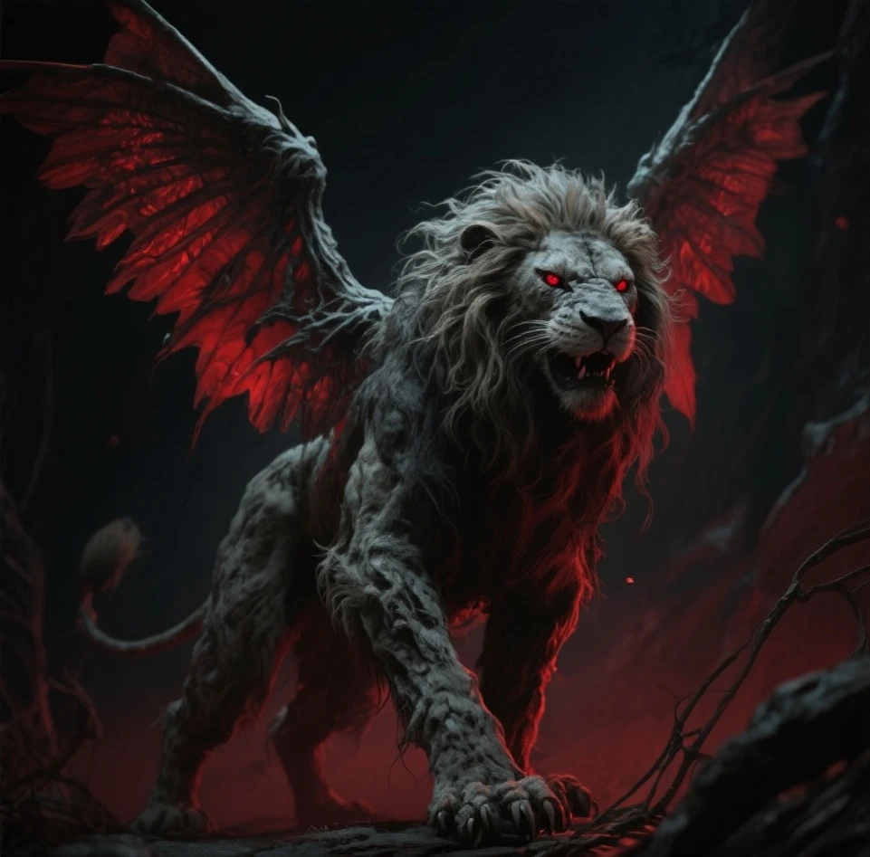 A lion, hair, red eyes, wings, very scary