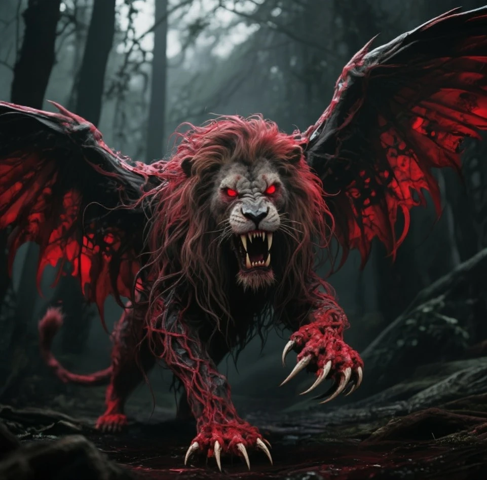A lion, hair, red eyes, wings, very scary