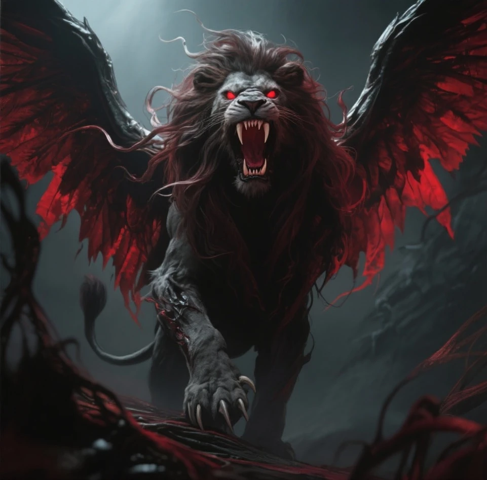 A lion, hair, red eyes, wings, very scary