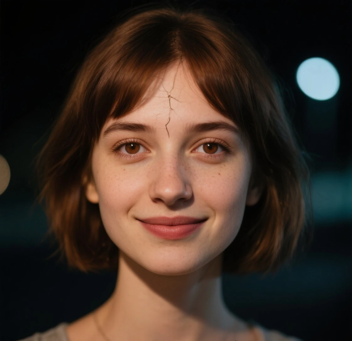 Night,  RAW photography , (((very beautiful portrait))), (very beautiful portrait))), 1 girl ,  25 year old girl, ((natural brown short hair)), [ brown eyes],gentle smile staring into the camera(Crack ), ((masterpiece, best quality, Ultra detailed,  lighting, Intricate Details, HD, 8 thousand, Very Detailed)), Background of details, 8 thousand UHD, DSLR, soft lighting, high quality, film particles, Fuji XT3 , shallowdepthoffield, natural soft light,  Perfect Face