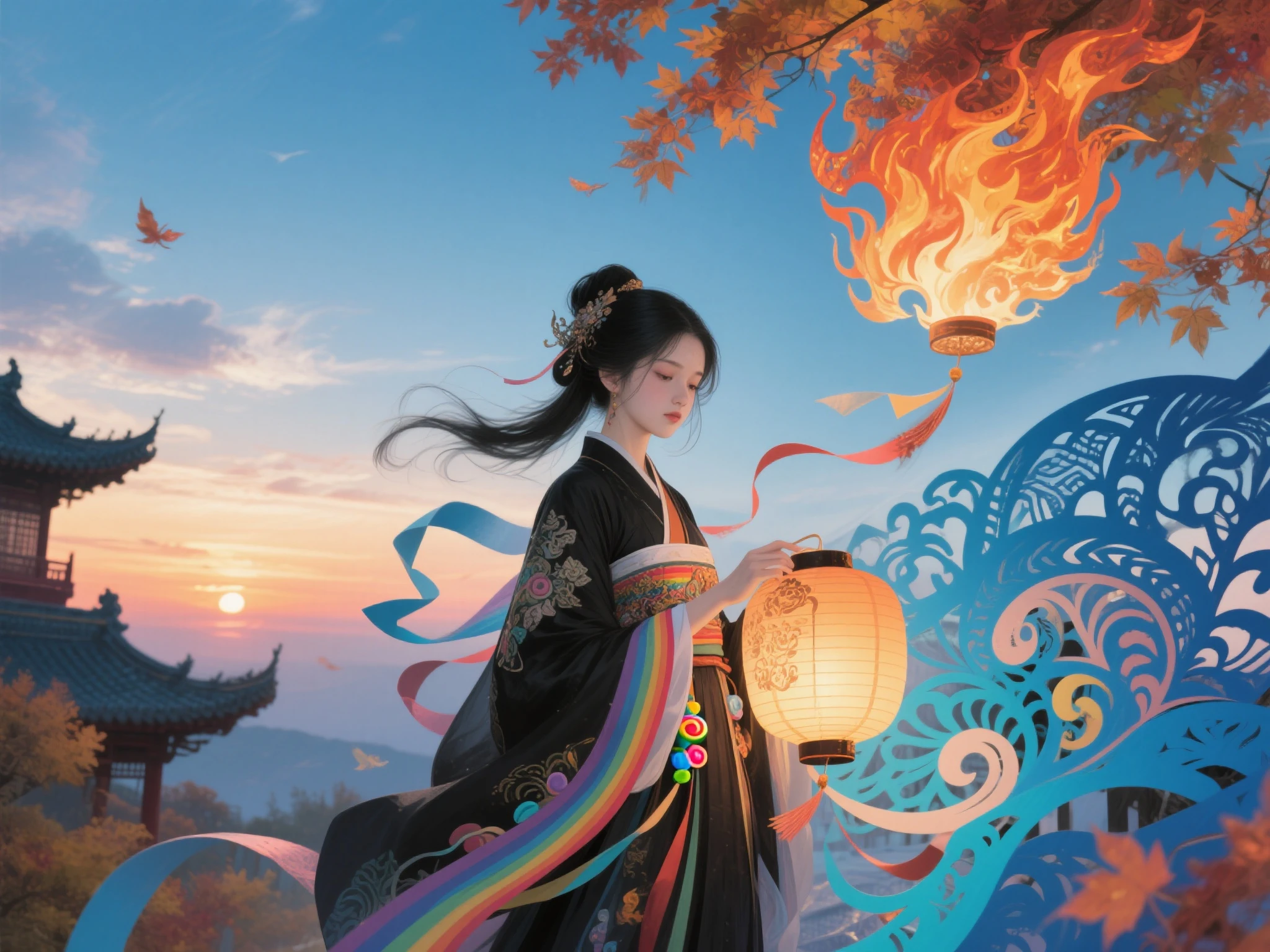Official Art, unity 8k wallpaper, Ultra Fine, Beautiful and Beautiful, masterpiece, best quality, (firey, Eau, ribbons, paper cutting), ( Fractal Art :1.3) 1girl,buliding, (alone:1.5), chineseidol_The clothes ar, Skysky, exteriors, Wide_ the sleeve , black _the hair, the sunset, (Fall_foliage:1.2), Entern, (paper_lEntern:1.5),blue Skysky, (exteriors:1.5),hanfu, (rainbow-candy:0.8), (Style Swirl Magic:0.8),