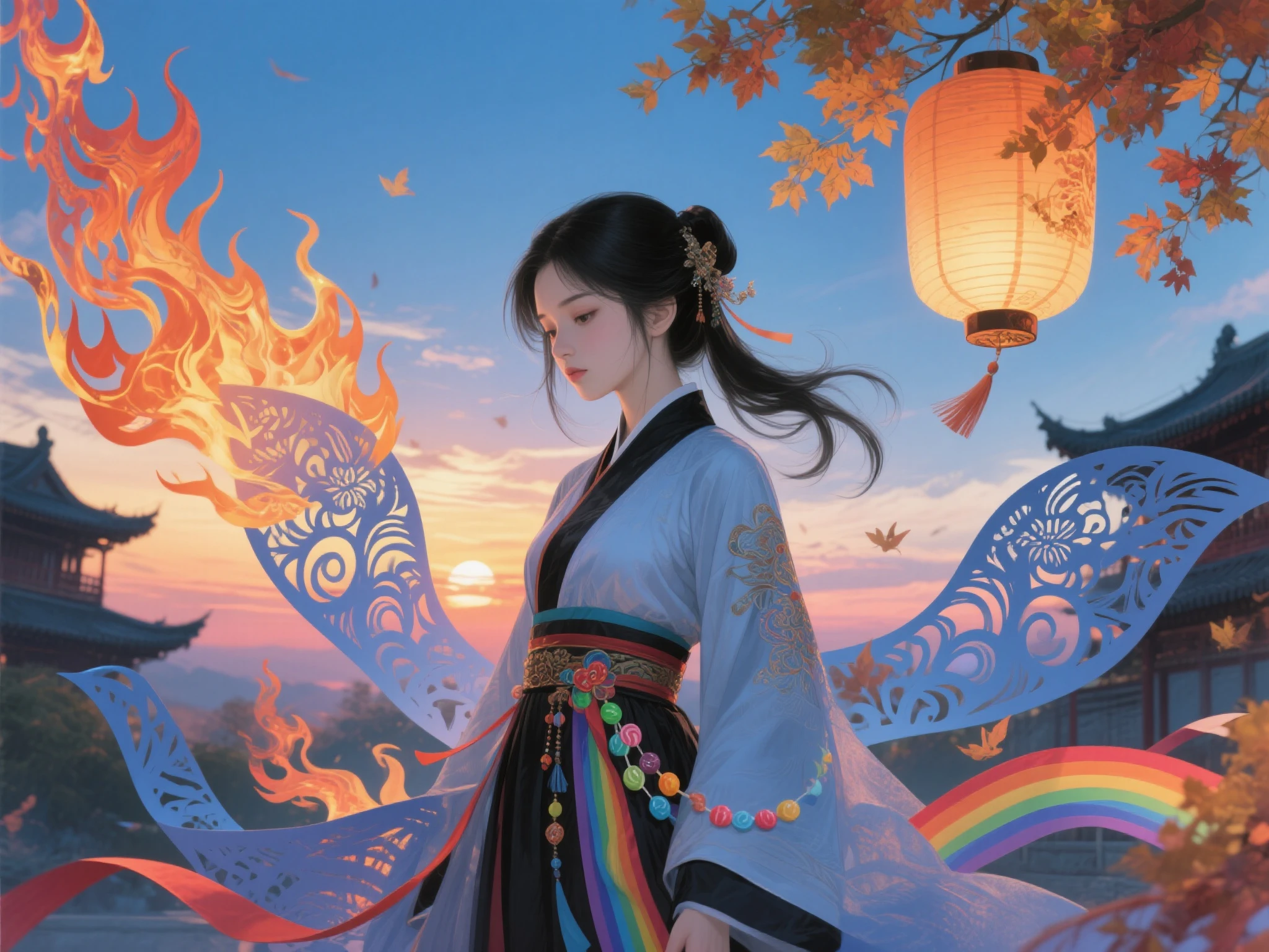 Official Art, unity 8k wallpaper, Ultra Fine, Beautiful and Beautiful, masterpiece, best quality, (firey, Eau, ribbons, paper cutting), ( Fractal Art :1.3) 1girl,buliding, (alone:1.5), chineseidol_The clothes ar, Skysky, exteriors, Wide_ the sleeve , black _the hair, the sunset, (Fall_foliage:1.2), Entern, (paper_lEntern:1.5),blue Skysky, (exteriors:1.5),hanfu, (rainbow-candy:0.8), (Style Swirl Magic:0.8),