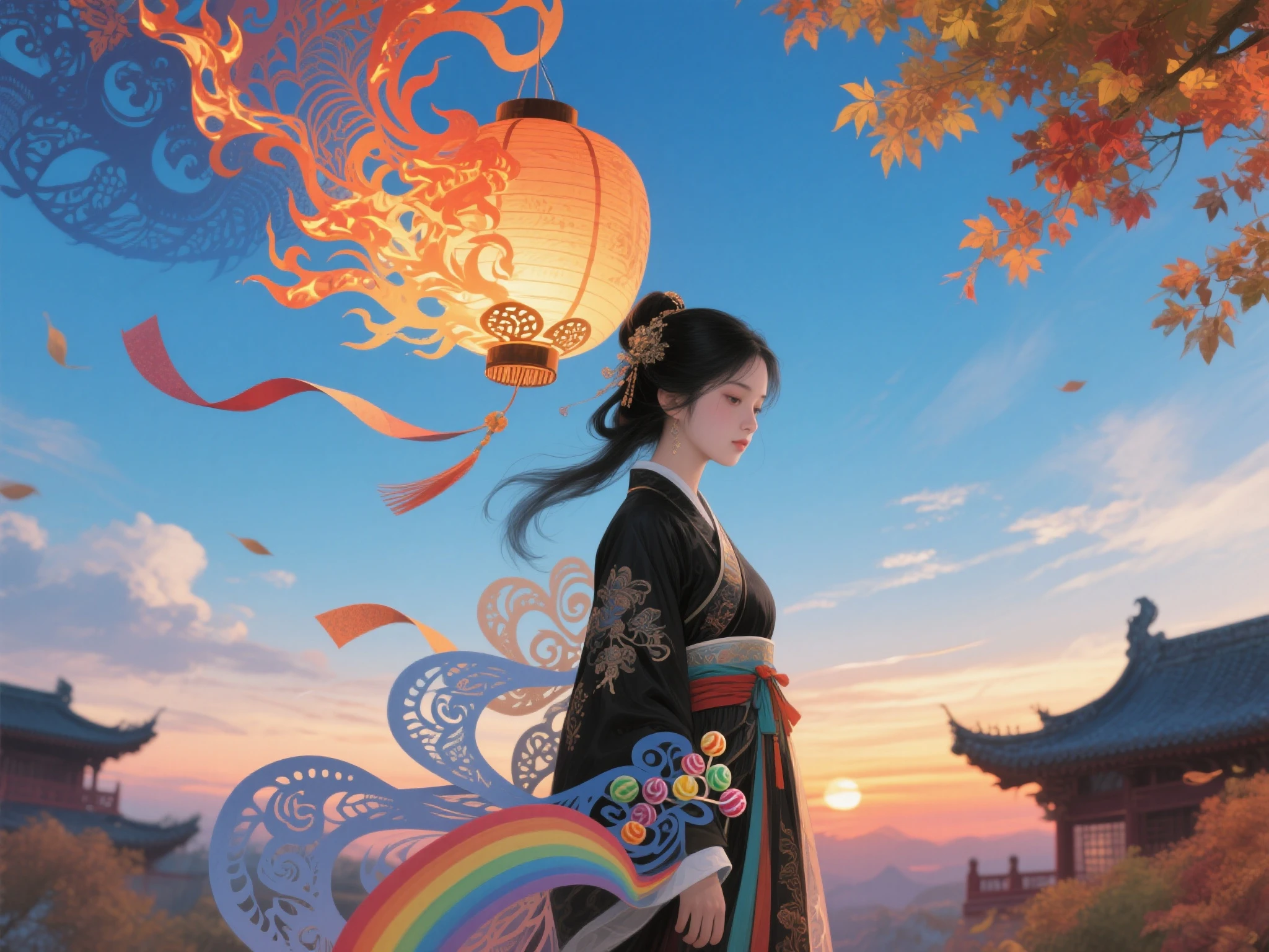 Official Art, unity 8k wallpaper, Ultra Fine, Beautiful and Beautiful, masterpiece, best quality, (firey, Eau, ribbons, paper cutting), ( Fractal Art :1.3) 1girl,buliding, (alone:1.5), chineseidol_The clothes ar, Skysky, exteriors, Wide_ the sleeve , black _the hair, the sunset, (Fall_foliage:1.2), Entern, (paper_lEntern:1.5),blue Skysky, (exteriors:1.5),hanfu, (rainbow-candy:0.8), (Style Swirl Magic:0.8),