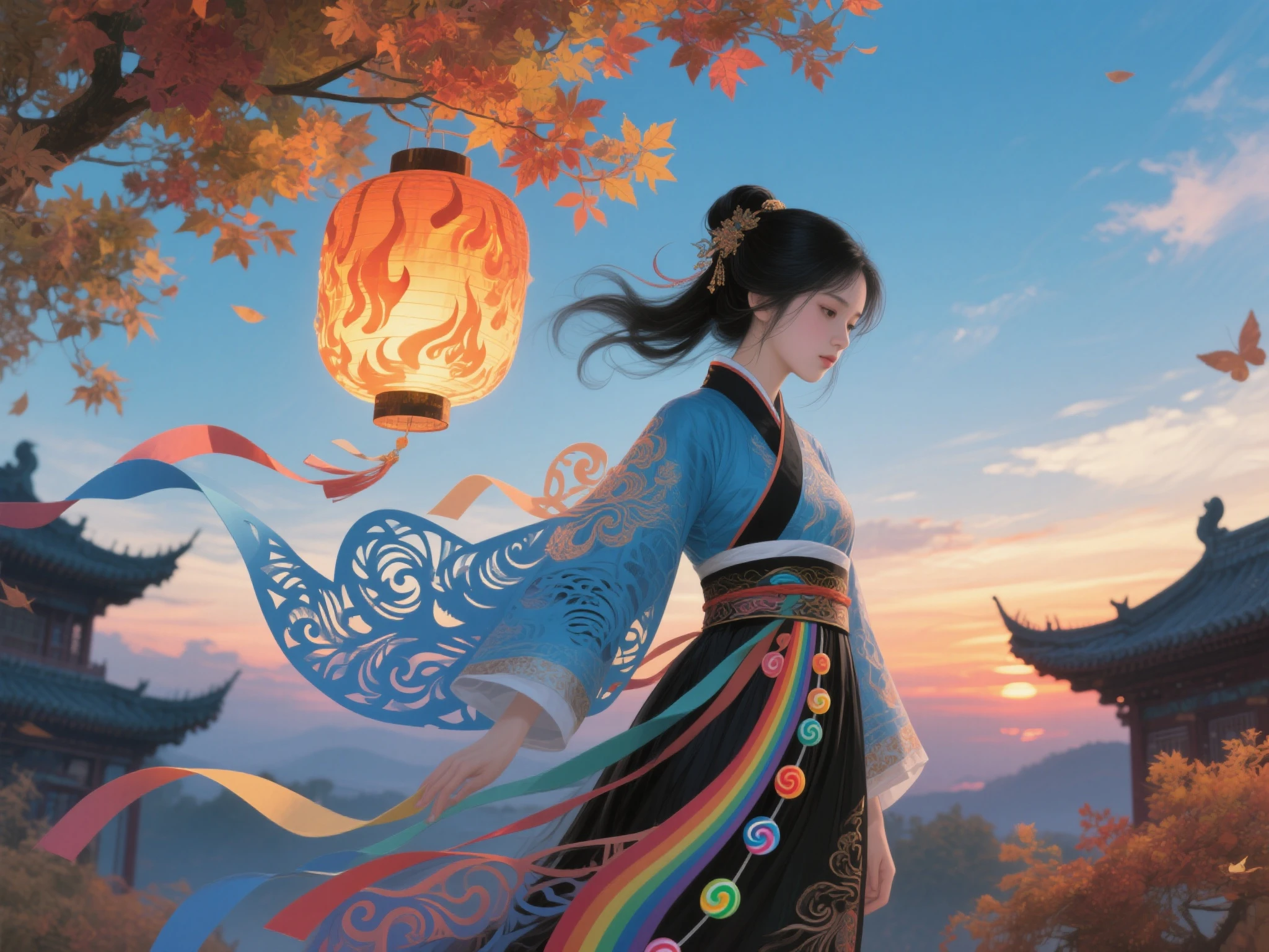 Official Art, unity 8k wallpaper, Ultra Fine, Beautiful and Beautiful, masterpiece, best quality, (firey, Eau, ribbons, paper cutting), ( Fractal Art :1.3) 1girl,buliding, (alone:1.5), chineseidol_The clothes ar, Skysky, exteriors, Wide_ the sleeve , black _the hair, the sunset, (Fall_foliage:1.2), Entern, (paper_lEntern:1.5),blue Skysky, (exteriors:1.5),hanfu, (rainbow-candy:0.8), (Style Swirl Magic:0.8),
