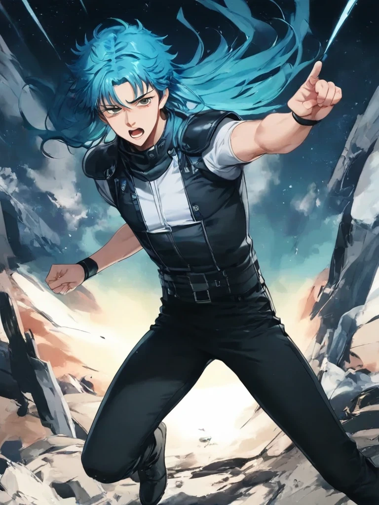 score_9, score_8_up, score_7_up, masterpiece, source_anime,Fist of the North Star _rei,1boy,blue iong hair,in a dynamic pose