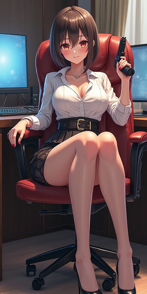 1girl, orange hair, messy hair, very messy hair, short hair, beautiful blue eyes, nerdy glasses, seductive smile, medium breasts, black thigh highs, secretary uniform, sleeveless, cleavage, office room, sitting on chair, lady sitting position, full body, sexy, thighs emphasis, POV, wide angle, from front, from above, high angle