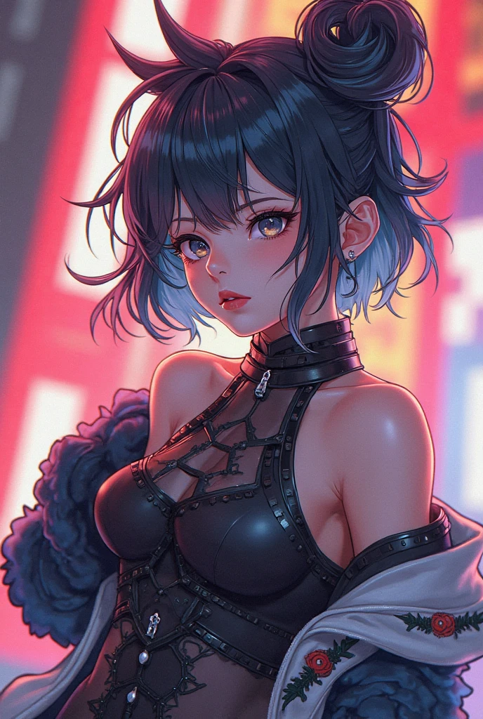 ((art animation 2D)) 20 year old woman with short wavy brown hair with dark blue dyed tips, Brown eyes, with good body, wearing gothic style clothing 
