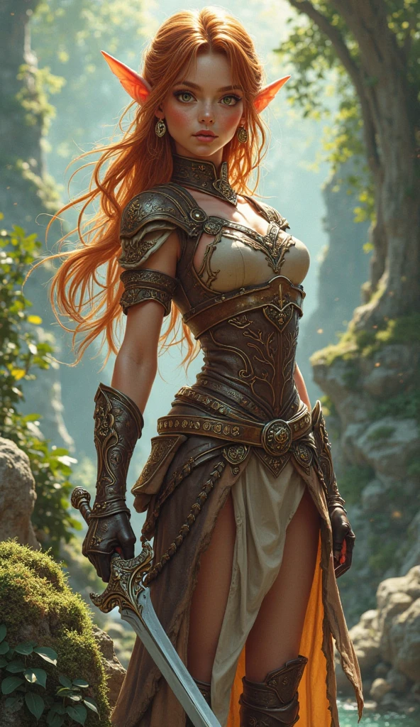 masterpiece, best quality, brilliant details, cinematic lighting, exciting perspective, young pretty woman, beautiful face, perfect eyes, big firm breasts, perfect proportions, norse type, flawless skin, textured skin, topless, cameltoe, cinematic pose, red hair, viking warrior, nordic forest