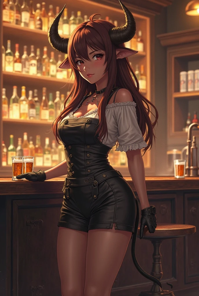 Close up, fantasy world, sewer, water, hideout, run down bar, woman, elf ears, dark tanned skin, yellow eyes, brown hair, ponytail, suspicious expression, black cowl hood, black leather outfit, sleeveless, pants, suiting at table