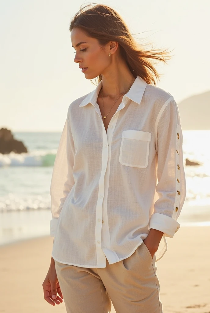 Linen button-up shirt, shorts, and slide sandals. a breathtaking high quality cinematic photo of a beautiful woman, <lora:Liza_V1:1>,  perfect styled hair, long hair with blonde highlights, 8K, masterpiece, 50mm lens, vignette:1.3, summer evening light, outside a stylish summer house in the Hamptons, beach view,  sand dunes, cinematic lighting, warm golden hour lighting, (looking at viewer, shot on Leica M3, EKtar 100 film, in style of Martin Schoeller