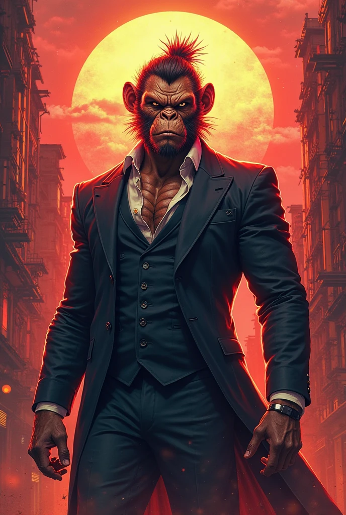 Masterpiece, (ultradadetailed), (animal anthropomorphism), gangster theme, monkey, jacket, in dim light, tattoo, machine gun, smoke, shadow, corrupt cityscape, highest quality, solo, (skimpy:1.04), muscular man, full body, intricate (high detail: 1.1)
