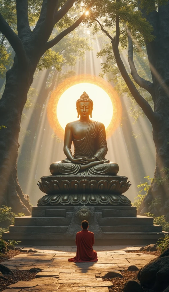 a man in front of gigantic candi buddha building on mountain, statue of buddha, reflective floor, epic, fog, dawn, dramatic lighting, dim light, forest, cliff, <lora:ARWCandiBuddha:1> advntr,