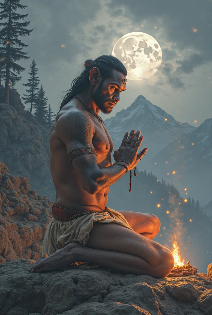 A shaman around a fire in the middle of the night with the sky covered in stars