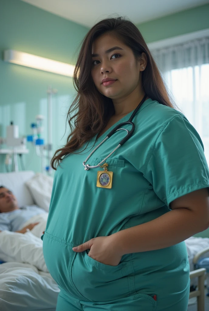 ((8K)), highest quality, 超High resolution, (Surreal)、(High resolution), 1 girl, nurse, Japanese, ((right blue nurse costume)), Overweight, Extremely fat, ((Chubby)), ((Shy-Smile)), int the hospital room, hospital