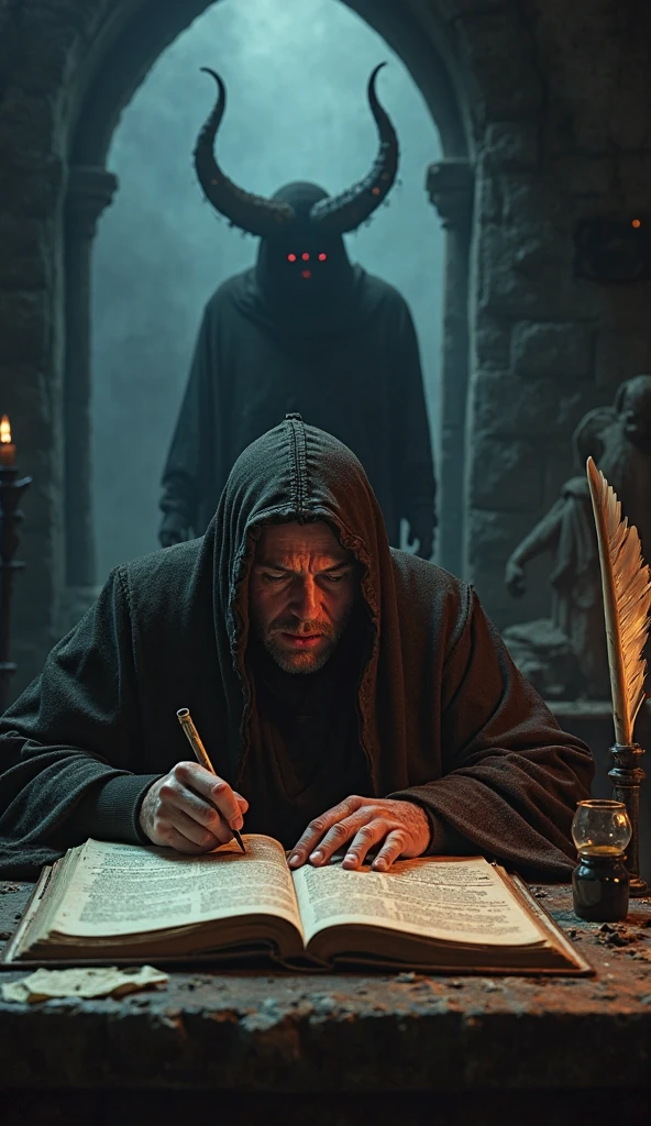 Highly detailed, horror enviornment, Doctor Faustus dealing with Mephistophilis by signing the contract with his own bloo, 8k