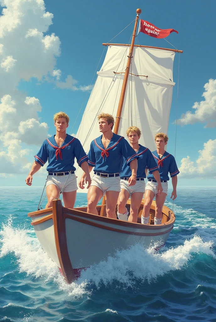 in roberto ferri and henry scott tuke art style, a group of four young pantless, shirtless, naked man fishing on a boat at the sea, Watercolor, trending on artstation, sharp focus, studio photo, intricate details, highly detailed, by greg rutkowski