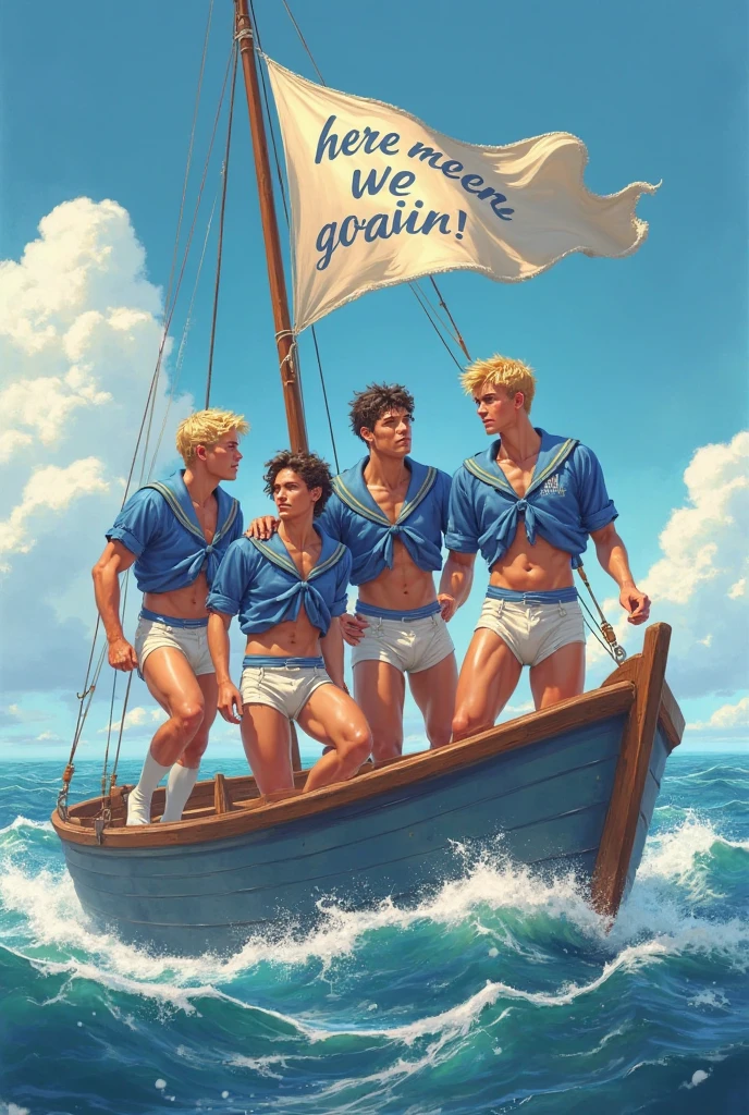in roberto ferri and henry scott tuke art style, a group of four young pantless, shirtless, naked man fishing on a boat at the sea, Watercolor, trending on artstation, sharp focus, studio photo, intricate details, highly detailed, by greg rutkowski