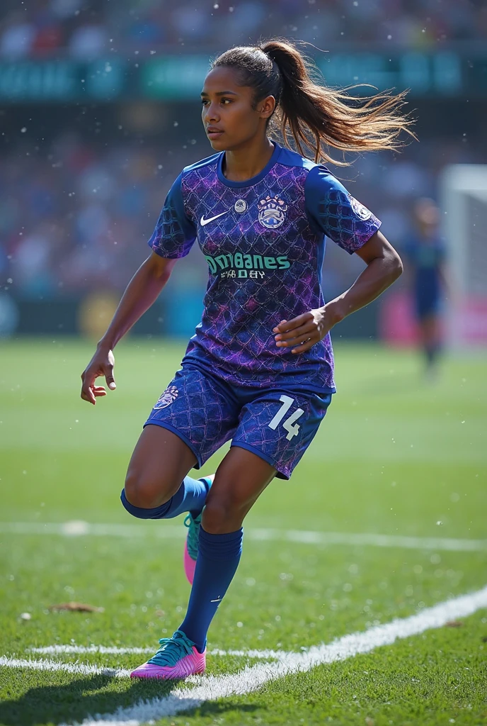 Full purple soccer uniform with blue cascading design