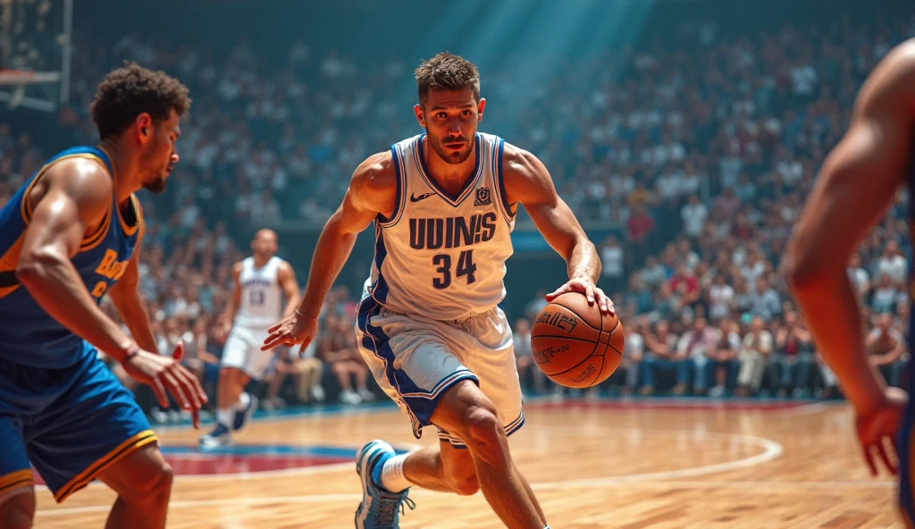 A person standing on a professional basketball court, He is holding a basketball in his hand,Muscular!!, a Muscular, 8k 50mm ISO 10, 🚿🗝📝, Okan , put on basketball jersey, k hd, advertisement picture, professional basketball style, Wearing NBA jersey, 188cm!Single Eyelids!((35yo !)) with short brown hair !and a short beard,(Use a short beard,) Charming and serious look, ((Stand on the basketball court)), Muscular!, Close shave and secure fit, (高quality, photorealistic image),! ((quality, 8K, tmasterpiece), 超k hd照片, (Details on the face, skin textures, Ultra-detailed body:1.1)High body hair!A high resolution, tmasterpiece, Muscular的、Short hair details、NSFW、Spacious size、(Beautifully carved fingers on right limb!)The skin is real!The skin is real!Authentic texture、Camera close to the ground!!sneakers background scatter 1.2) training