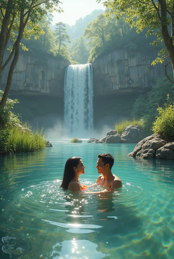 hyper realistic detail photo of two muscular men laying and romance kissing on the grass, jungle, waterfall, full color of flowers, soft light, deep focus, bokeh, soft focus, solar flare on the water, The sun is shining through the leaves