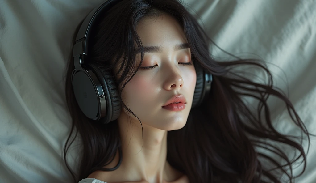 Beautiful girl falling asleep on the bed listening to music with headphones, covers over her head, hair color brown, cute atmosphere in the girl's room
