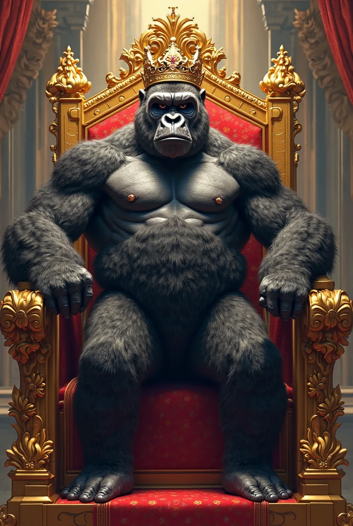 Create a gorilla sitting proudly on a throne wearing a crown and has dread with a dark closed mouth huge smile and deep dark stare with his deep glowing Red eyes
