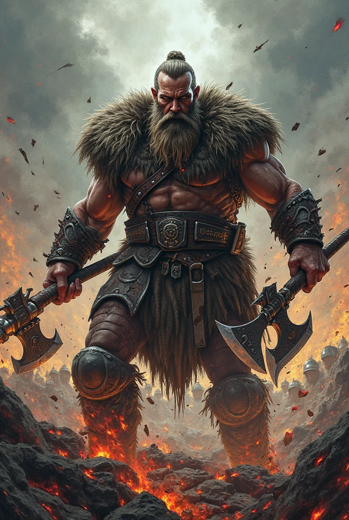 (Russia)1.2 might be a hulking and brutal boss with a massive war hammer, wearing heavy fur garments and exuding an intimidating aura.