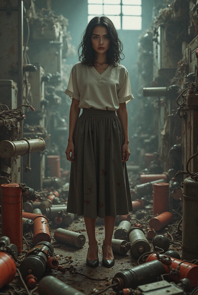 Gentle slim (skinny) girl 16 years old with an exquisite perfect very beautiful face of the southern type with large alien eyes (with dark amber hair) nude with small tender naked breasts with pink tender nipples with bare hips (in a long old brown skirt) (barefoot) in a post apocalyptic city (on another planet) (explores an abandoned library), dawn sun, (delicate mint and blue shades), (peach and golden shades), freshness and coolness of the morning, tenderness, Fantastic surroundings, (The girl is wearing electronic bracelets and rich precious jewelry on her neck and chest, bare chest), buildings and control panels, Signal lights, (old railings, dilapidated buildings), (gentle morning unclear light, Soft shades, fill light, haze, sfumato) (coffee and books), post-apocalyptic