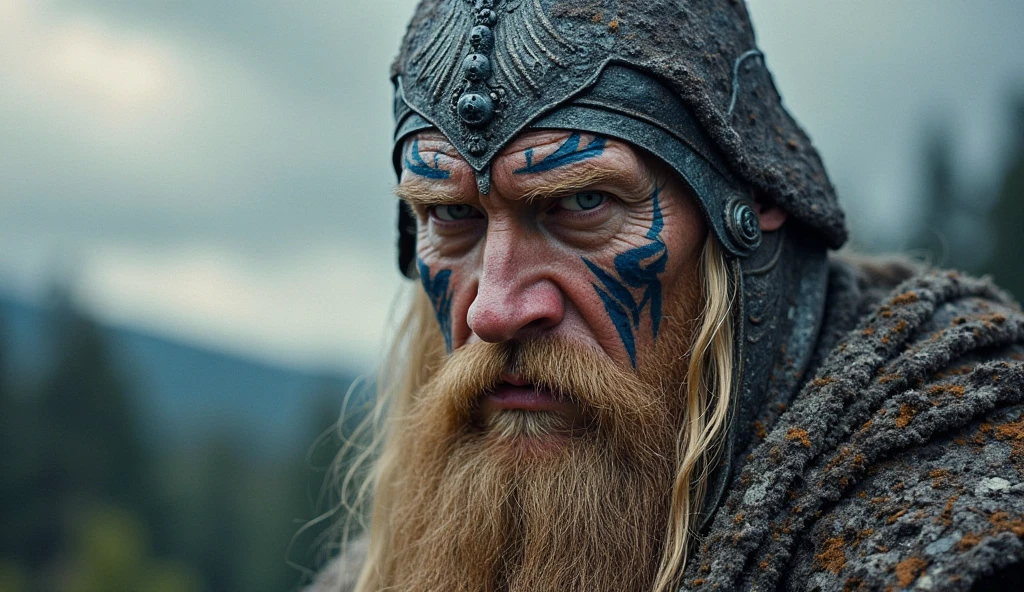 (highest quallity:1.3), cinematic shot, work of art, (sharp focus:1.5), (photorrealistic:1.3), Medium portrait of (a tired-looking old Viking warrior, but still proud and fierce, now the leader of his village, dressed in elaborately detailed chainmail and leather armor, some torches burn on the walls, giving the scene a dark atmosphere, but sculpting the forms in sharp chiaroscuro), it's night, (highly detailed skin), (face detailed), detailed back ground, dark lighting, twilight lighting, volumetric lighting, details Intricate, ultra HD,
