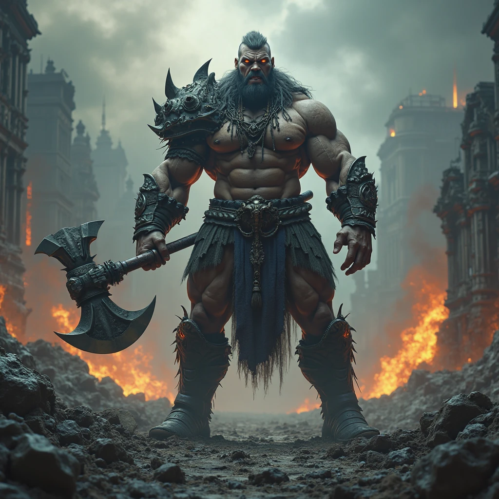 A muscular and fierce warrior, Covered in scars, with an intimidating appearance and an expression of fury as he screams in the middle of a battle. He wears rustic and heavy armor., decorated with intricate details and chains, partially covering his torso and arm. His skin is marked with distinctive red tattoos, and his right shoulder sports a piece of red spiked armor, contrasting strongly with the rest of the image which is in greyish tones. His thick beard and bald head add to his brutal and powerful presence.. The background is blurry, suggesting movement and chaos, while the focus remains on the intensity and fury of the warrior. The art style highlights the drama and energy of the scene, using a limited but striking color palette