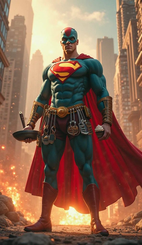 A majestic marvel comics superhero figure, clad in a vibrant blue and red costume adorned with golden accents, stands proudly with a confident stance, holding a intricately designed magnifying glass in their dominant hand and a vintage movie reel in the other, with a subtle yet fiery glow emanating from the lens, as if illuminating the secrets of the cinematic universe, against a rich, velvety black background that allows the bold colors of the costume to pop, with a subtle sheen on the magnifying glass and a delicate film grain texture on the movie reel, capturing the essence of classic cinematography, with the superhero's facial features defined by a strong jawline, piercing brown eyes, and a determined expression, their dark hair styled in a sleek, aerodynamic fashion, with a few strands framing their forehead.