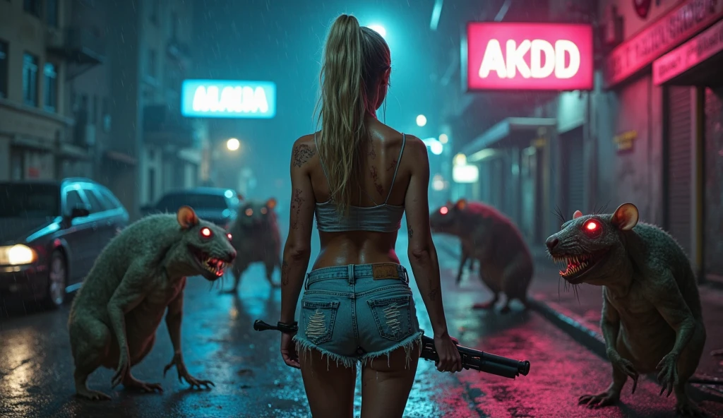 At night, dark sky, gorgeous Woman, (walks with a stray dog In a frozen cyberpunk city in ruins), 1drone. Heavy tropical rain, Head slightly tilted back, leather bikini, Distorted Space, Light Shafts, Volumetric Lighting, 4k Rendering, Stock Photo, Realistic Textures, Dramatic Lighting, Unreal Engine. Electric lighting. Windy messy hair. (((((1girl, solo, alone))))), large-breast:1.1 slim body, cleavage, (((headphone, black sunglasses))), (((hip-up standing and holding (pistol)))), (((half-body thigh level medium shot))), cinematic lighting, lens flare, ray tracing.