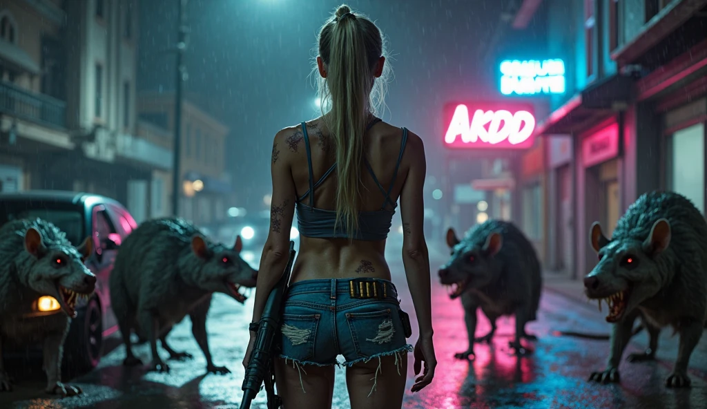 At night, dark sky, gorgeous Woman, (walks with a stray dog In a frozen cyberpunk city in ruins), 1drone. Heavy tropical rain, Head slightly tilted back, leather bikini, Distorted Space, Light Shafts, Volumetric Lighting, 4k Rendering, Stock Photo, Realistic Textures, Dramatic Lighting, Unreal Engine. Electric lighting. Windy messy hair. (((((1girl, solo, alone))))), medium-breast:1.1 slim body, cleavage, (((headphone, black sunglasses))), (((hip-up standing and holding (pistol)))), (((half-body thigh level medium shot))), cinematic lighting, lens flare, ray tracing.
