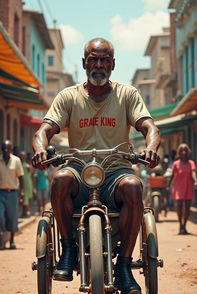"A young Costa Rican farmer, humble in appearance, dressed in simple, slightly worn clothing. He stands beside an old, classic motorcycle, looking thoughtful and melancholic. His hands are rough from labor, and the backdrop is a rural landscape.